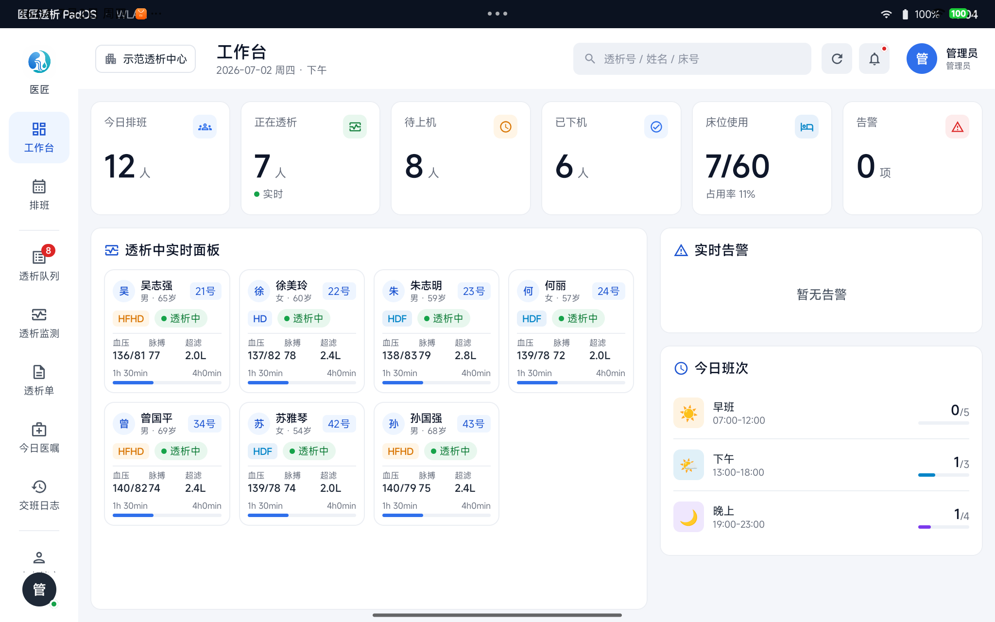 医匠透析 PadOS 工作台——一屏掌握当日全局